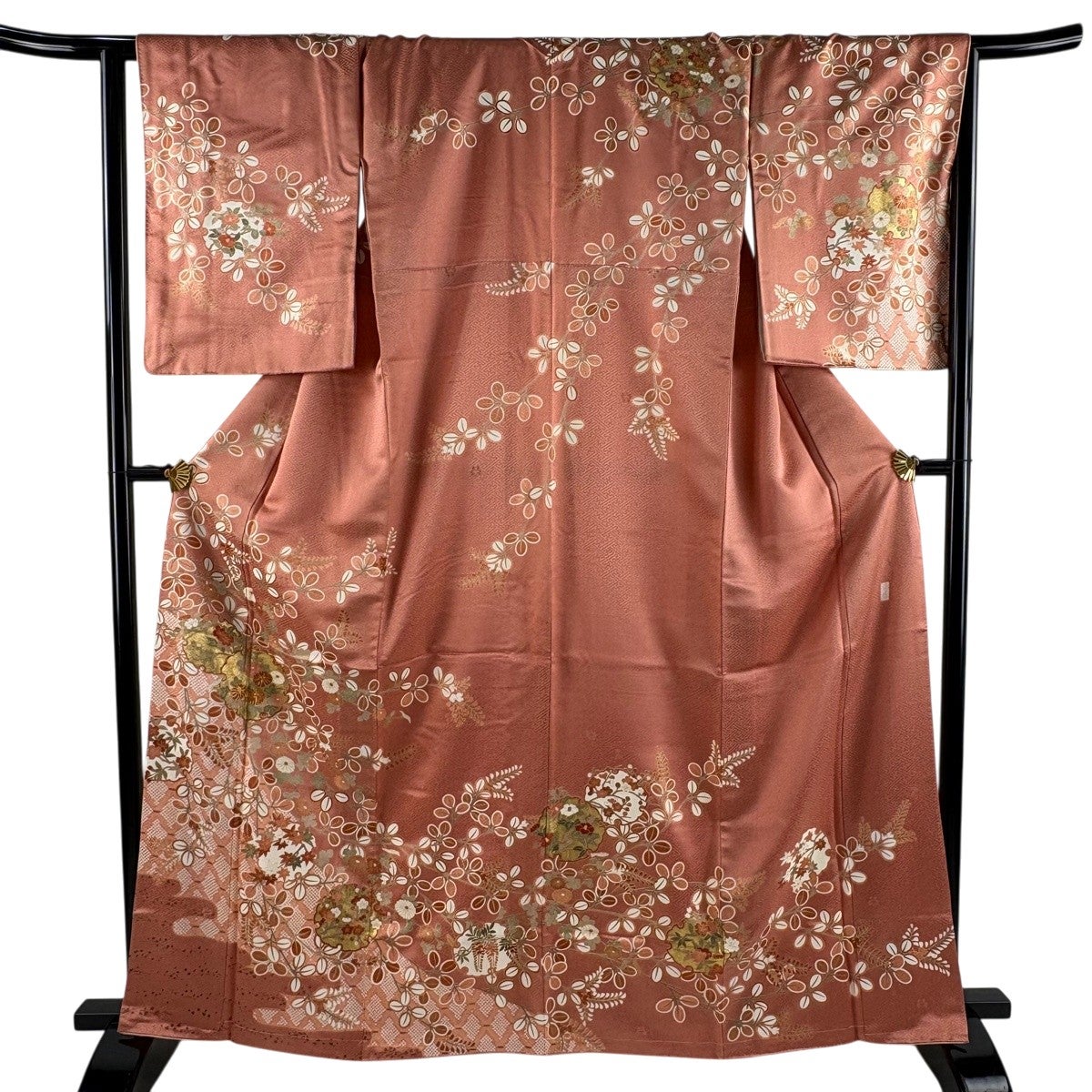 美品】 訪問着 身丈155cm 裄丈65cm M 袷 落款あり 草花 雪輪 金彩