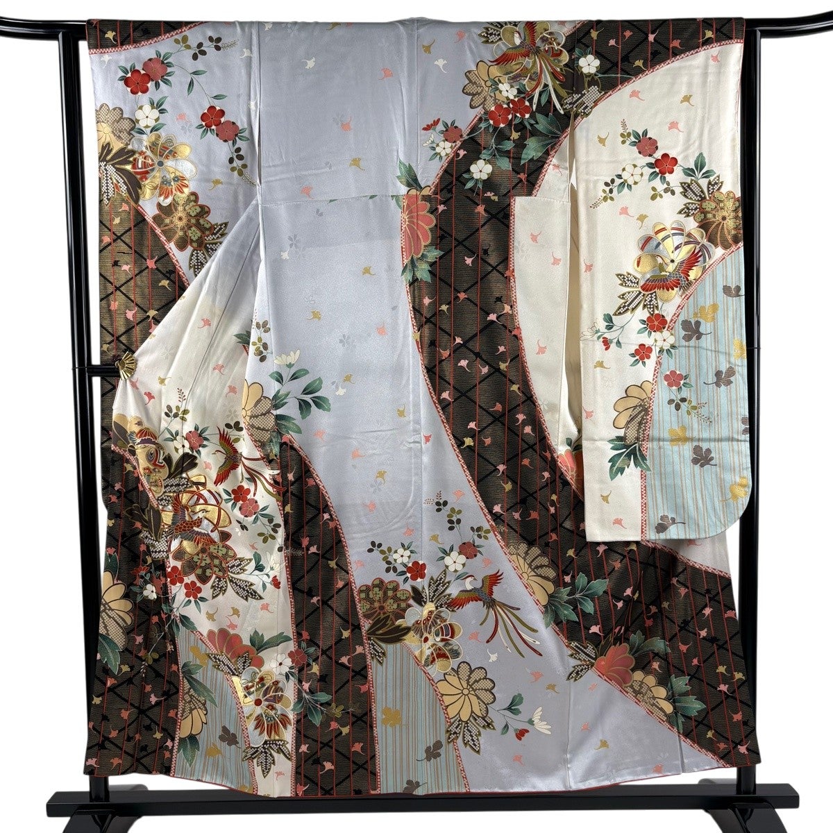 振袖フルセット袷 藤 草花 金糸 金彩 灰緑 正絹 振袖 身丈154.5cm 裄丈62.5cm S 袷 鳥 草花 金糸 金銀彩 青灰色 正絹