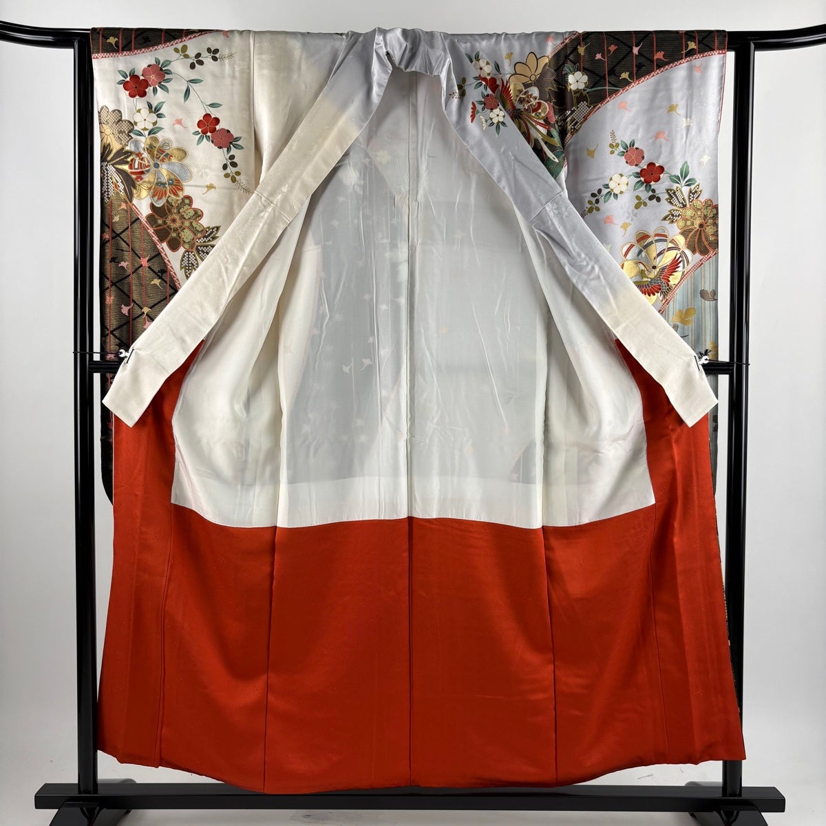 振袖 身丈154.5cm 裄丈62.5cm S 袷 鳥 草花 金糸 金銀彩 青灰色 正絹