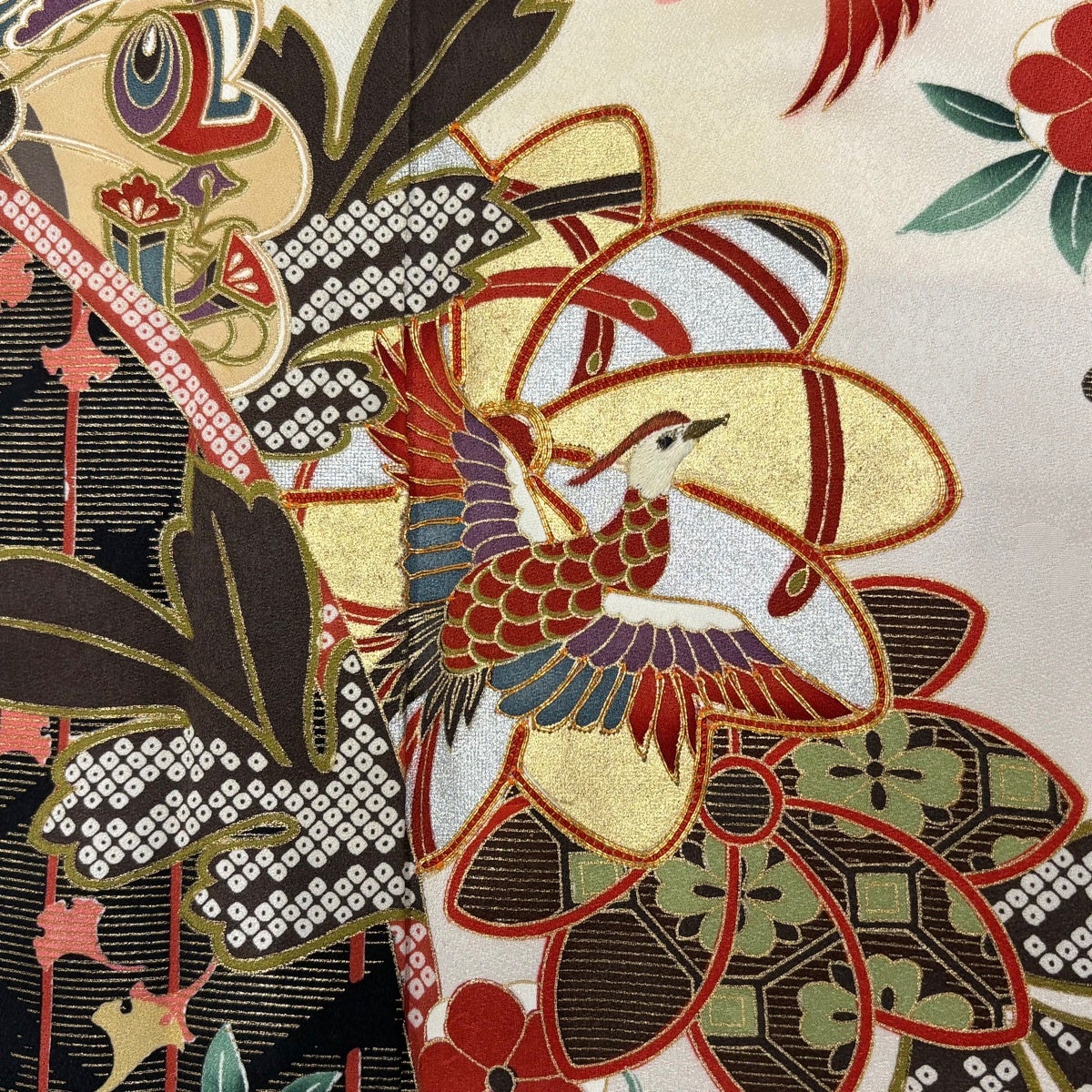 振袖 身丈154.5cm 裄丈62.5cm S 袷 鳥 草花 金糸 金銀彩 青灰色 正絹