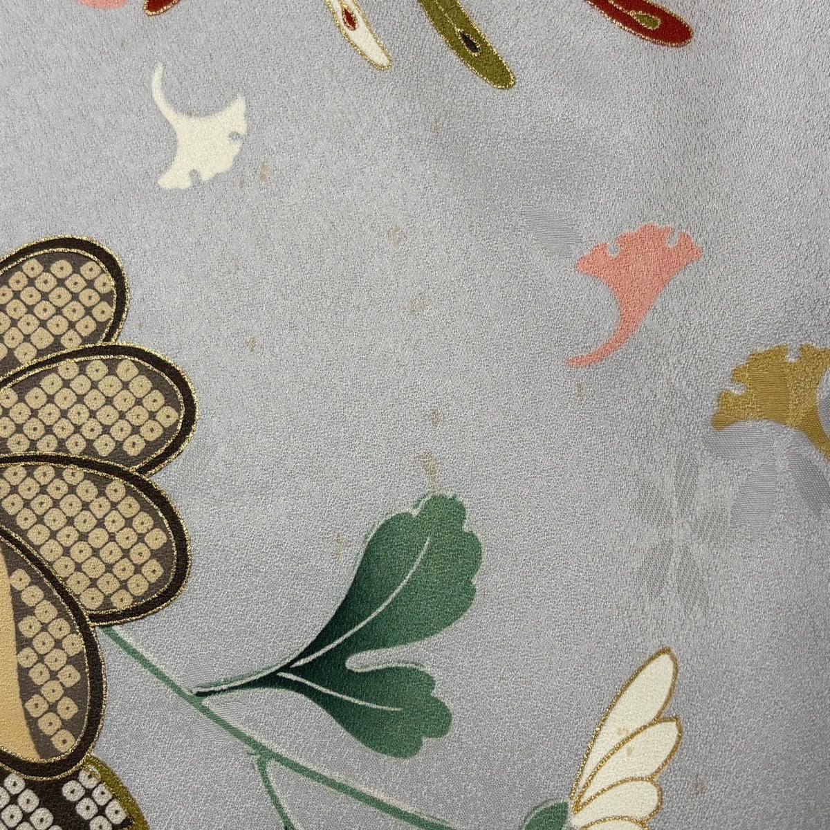 振袖 身丈154.5cm 裄丈62.5cm S 袷 鳥 草花 金糸 金銀彩 青灰色 正絹