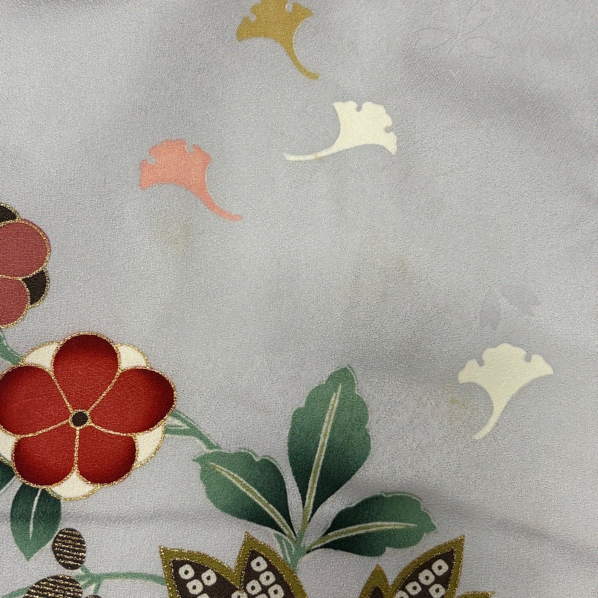 振袖フルセット袷 藤 草花 金糸 金彩 灰緑 正絹 振袖 身丈154.5cm 裄丈62.5cm S 袷 鳥 草花 金糸 金銀彩 青灰色 正絹