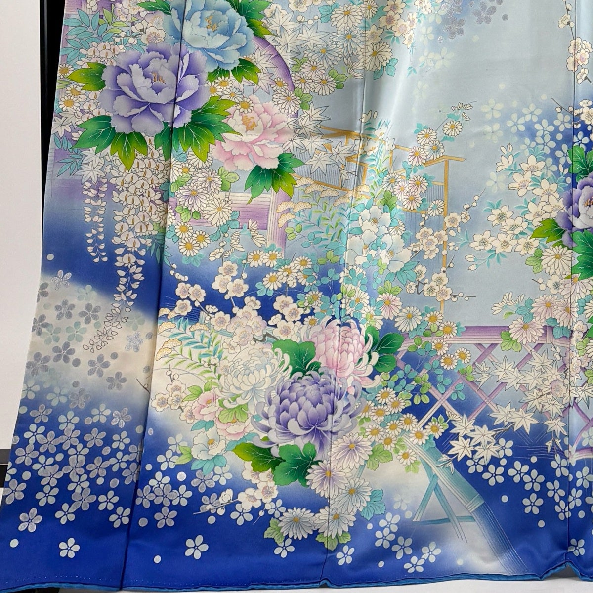 振袖 身丈172cm 裄丈65cm M 袷 牡丹 枝梅 銀彩 ぼかし 水色 正絹 秀品