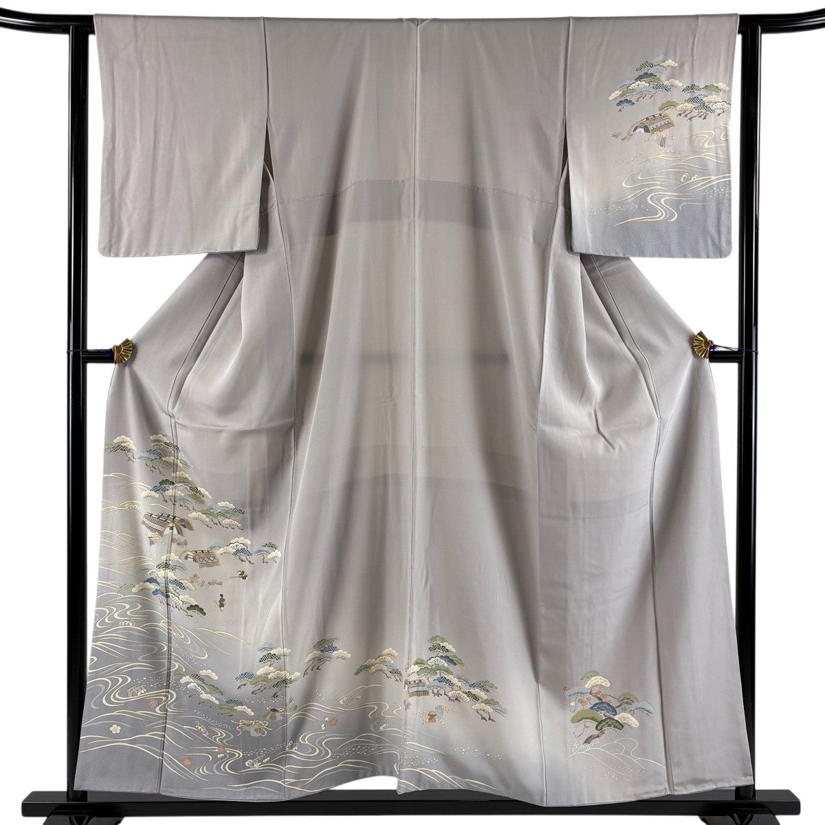 付下げ 身丈155.5cm 裄丈62cm S 袷 画 風景 螺鈿 金彩 深緑 正絹 秀品