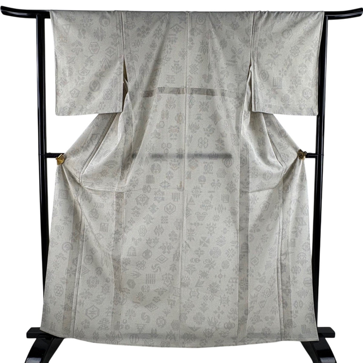 紬 身丈165cm 裄丈63cm S 単衣 草花 絣 クリーム 正絹 秀品｜中古
