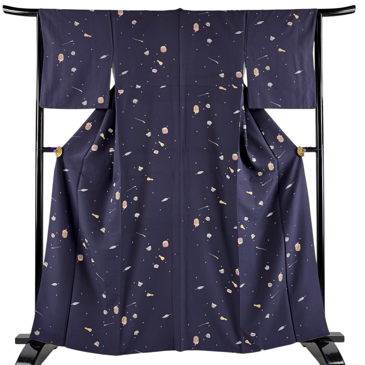 小紋 身丈159.5cm 裄丈64cm M 袷 草花 波 紺色 正絹 秀品｜中古・古着
