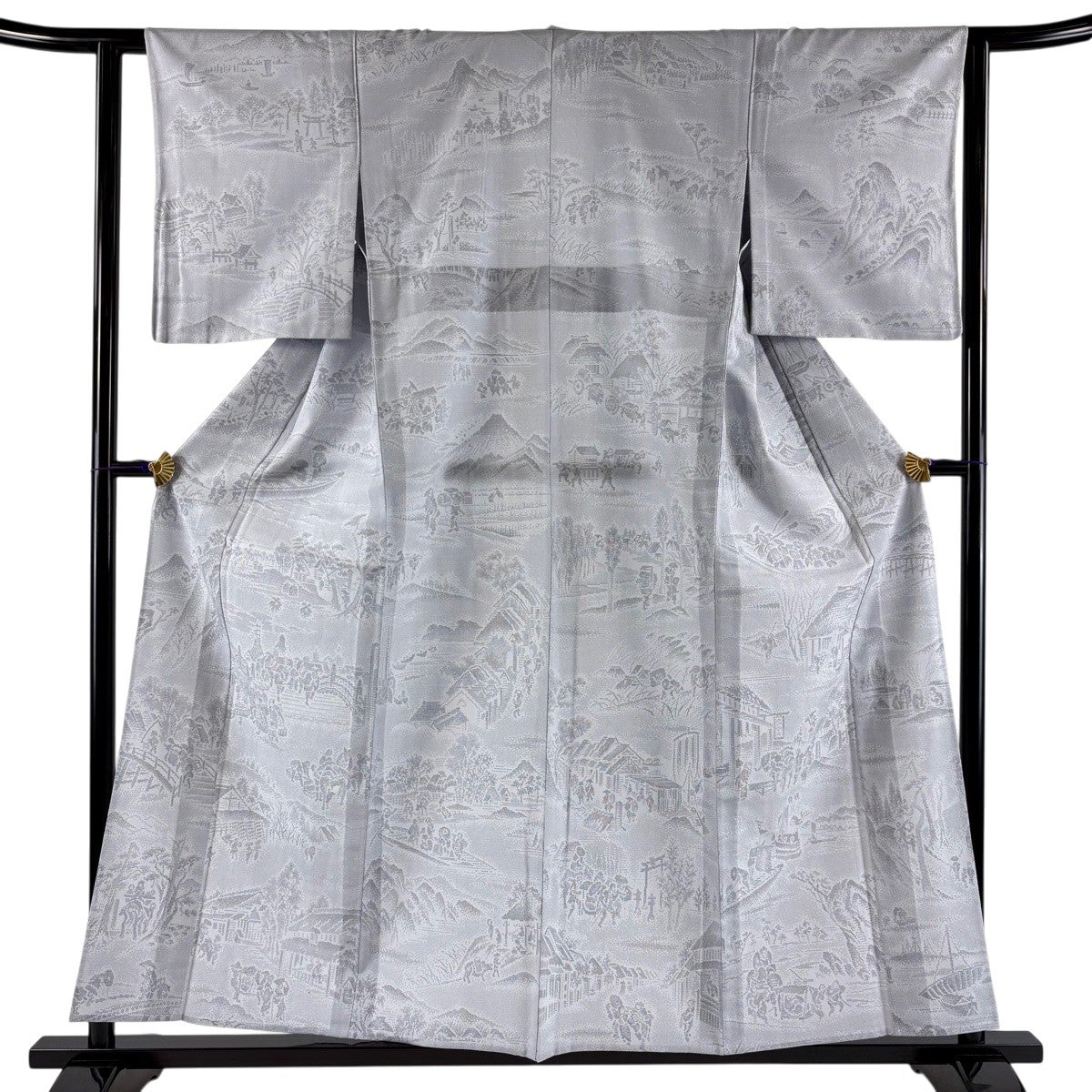 美品】 紬 身丈157.5cm 裄丈62cm S 単衣 人物 建物 青灰色 正絹 秀品