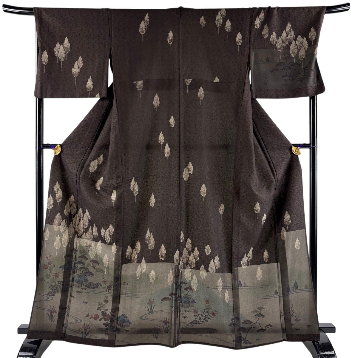 美品】 付下げ 身丈163.5cm 裄丈69.5cm L 単衣 樹木 建物 焦茶色 正絹