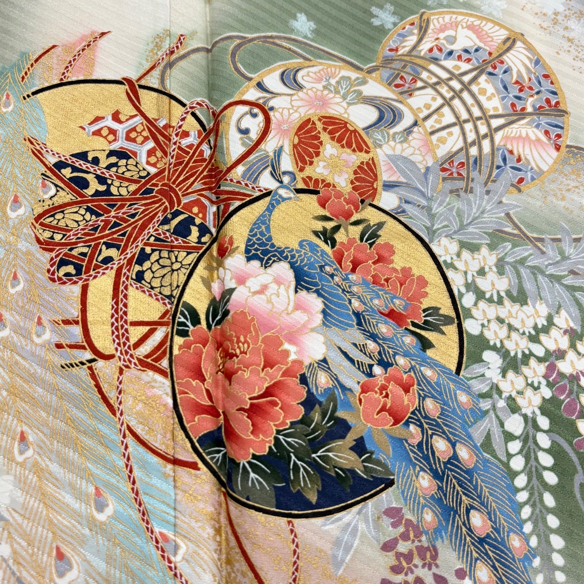 振袖 身丈161.5cm 裄丈65.5cm M 袷 鼓 孔雀 金彩 ラメ 灰緑 正絹 秀品