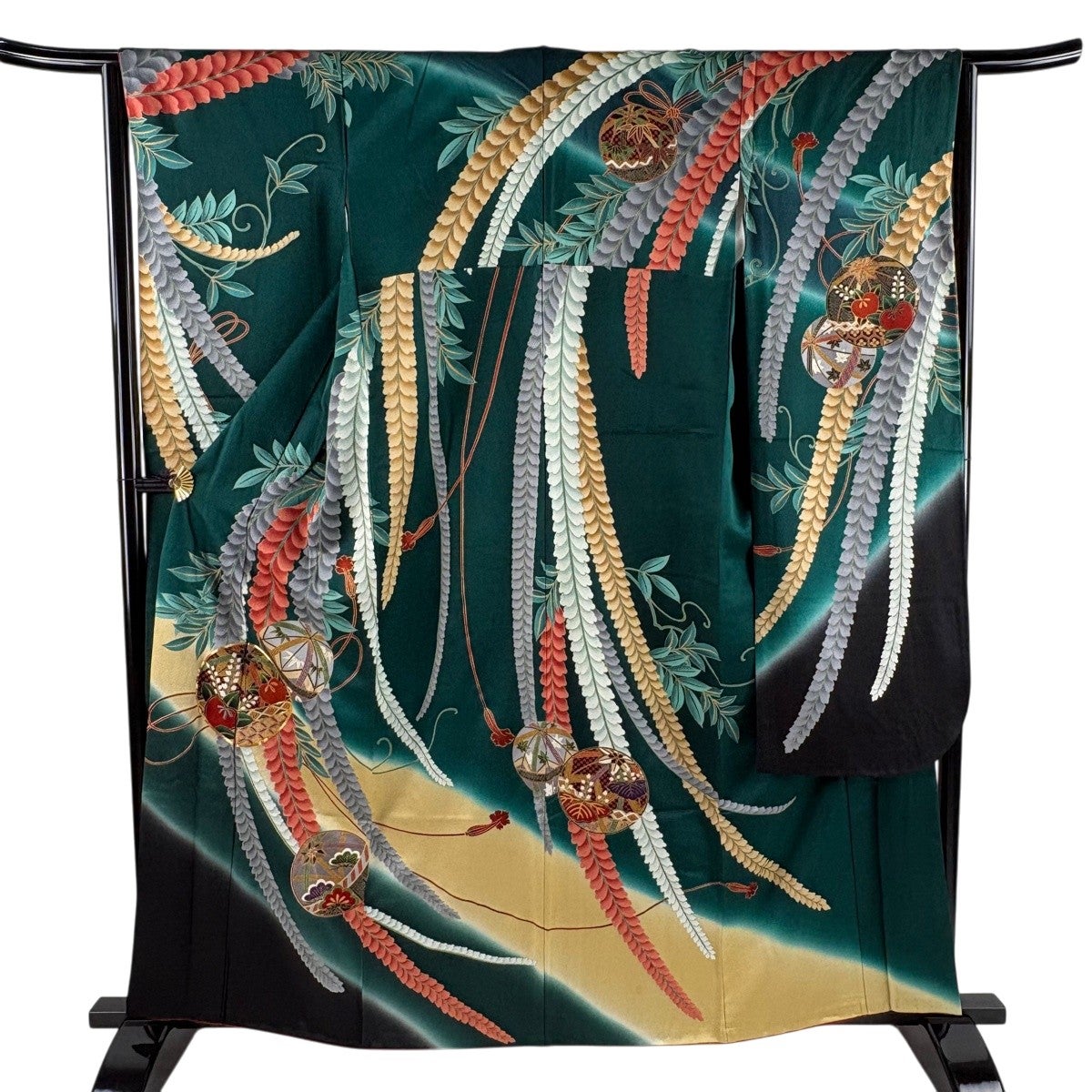 振袖 身丈161cm 裄丈63.5cm S 袷 手鞠 藤 金彩 金糸 緑 正絹 秀品
