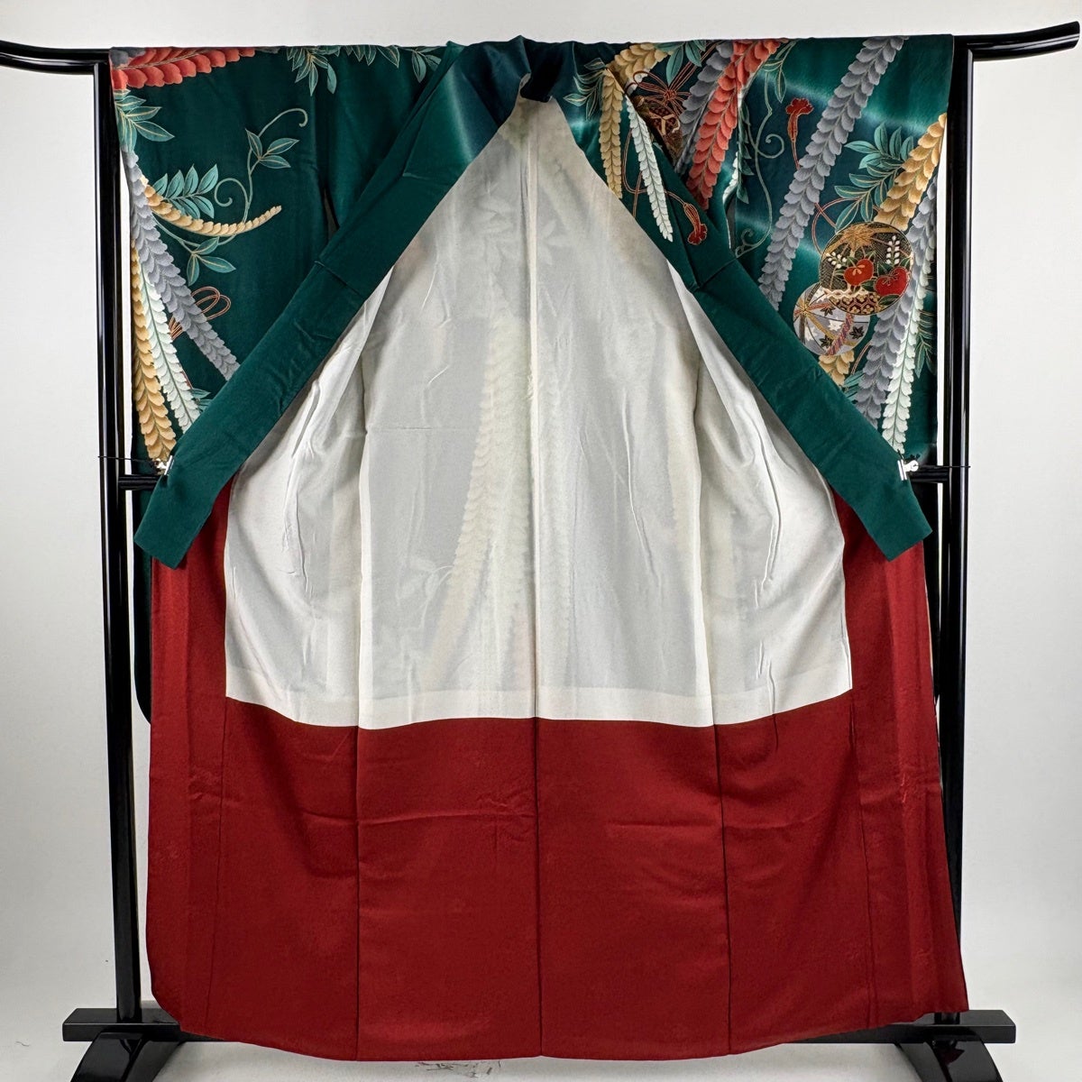 振袖 身丈161cm 裄丈63.5cm S 袷 手鞠 藤 金彩 金糸 緑 正絹 秀品