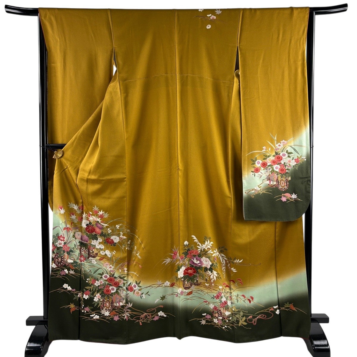 美品】 振袖 身丈167.5cm 裄丈64.5cm M 袷 花車 芝 金彩 染め分け 山吹