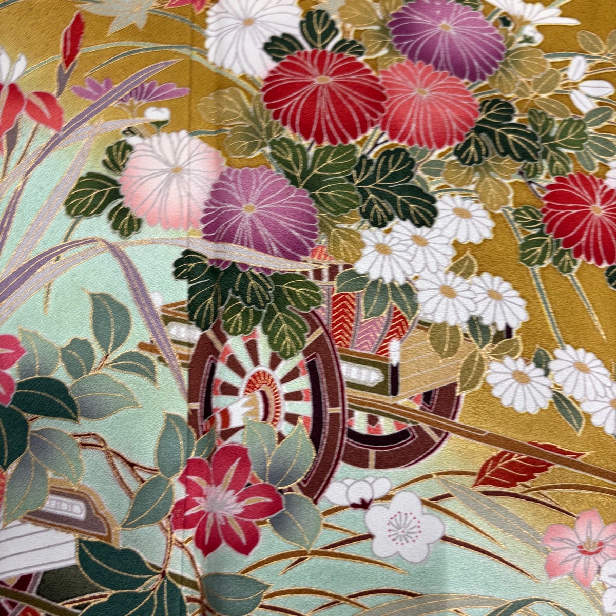 美品】 振袖 身丈167.5cm 裄丈64.5cm M 袷 花車 芝 金彩 染め分け 山吹