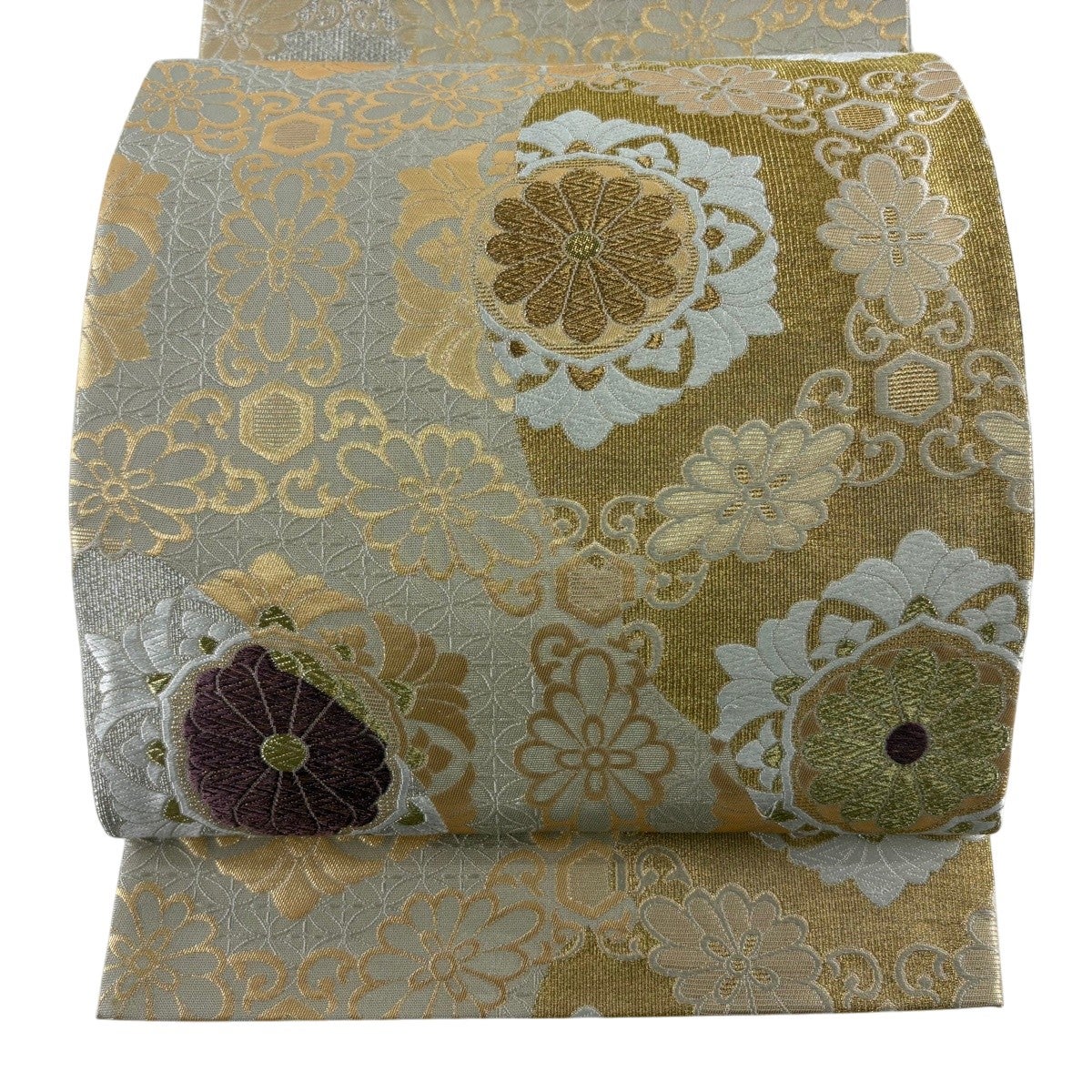 袋帯 秀品 蝶 桜 金銀糸 箔 灰緑 六通 正絹｜中古・古着・リサイクル