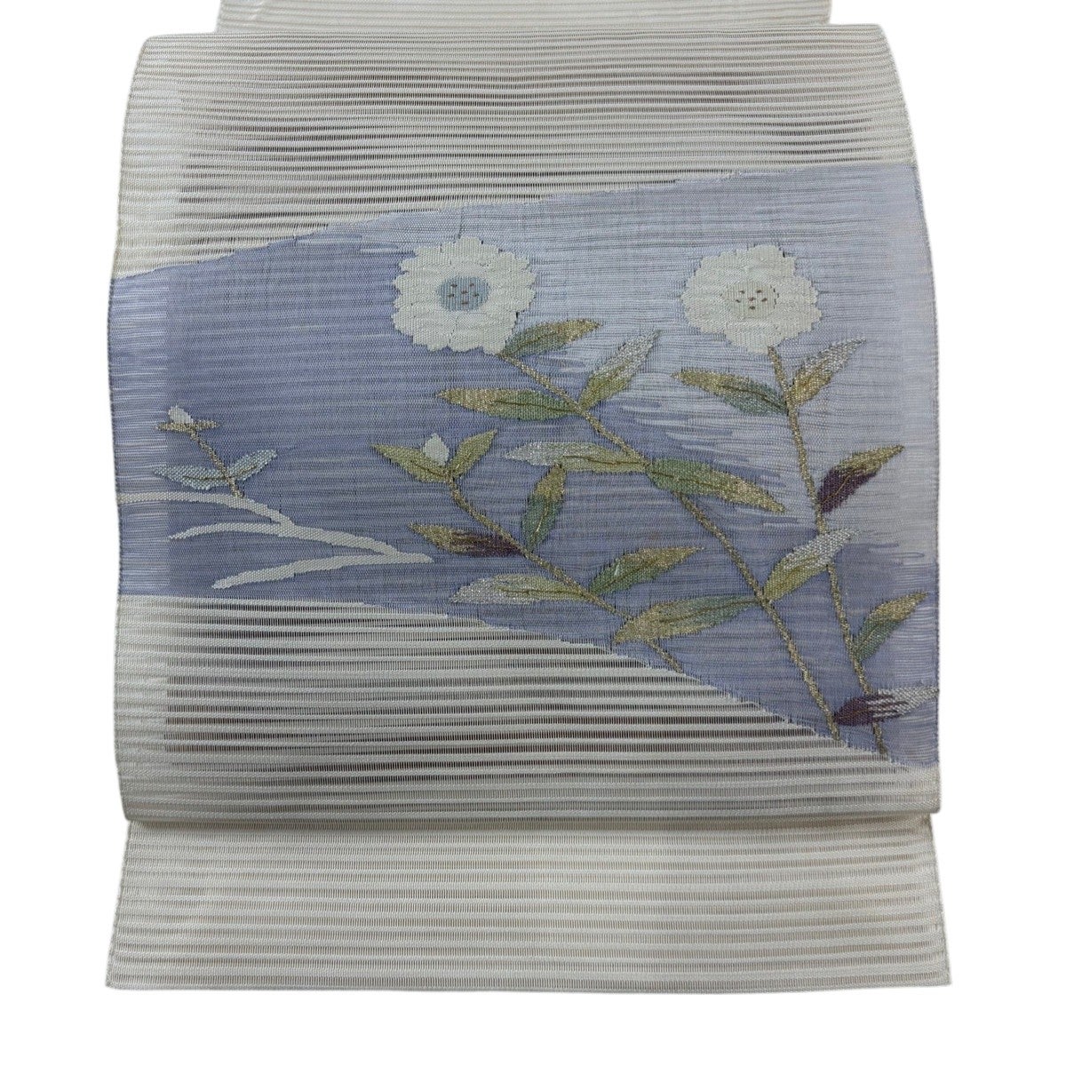 名古屋帯 花模様 金糸 灰色 O-6080 中古）九寸名古屋帯 黄緑地 カジュアル 藤の花 金糸 名古屋仕立て