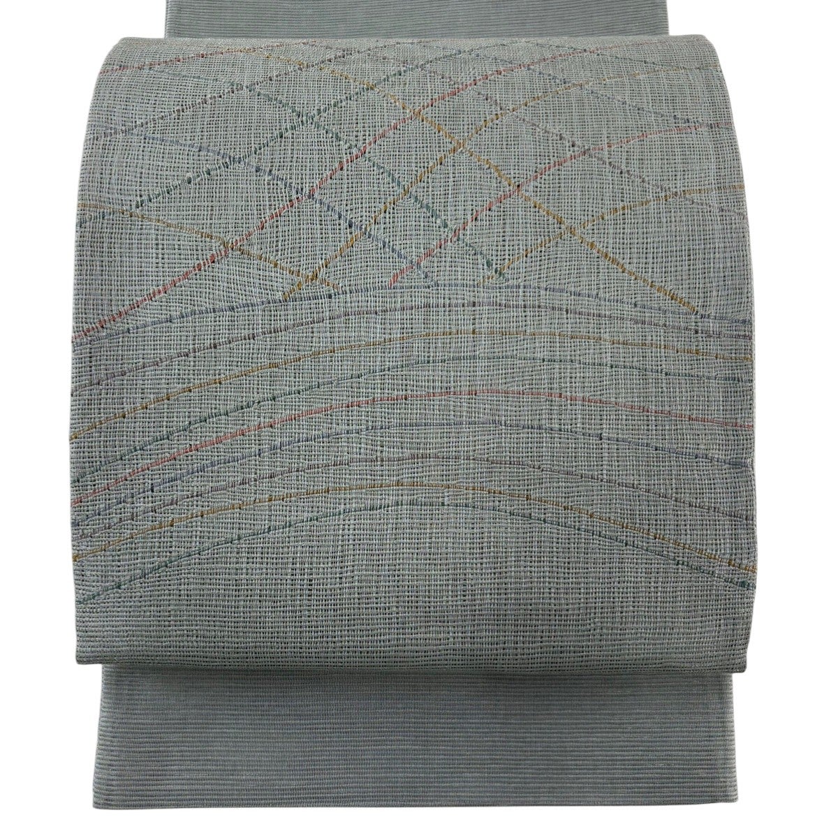 最終価格】 70%OFF 【美品】 袋帯 逸品 幾何学模様 灰緑 全通 正絹 K70