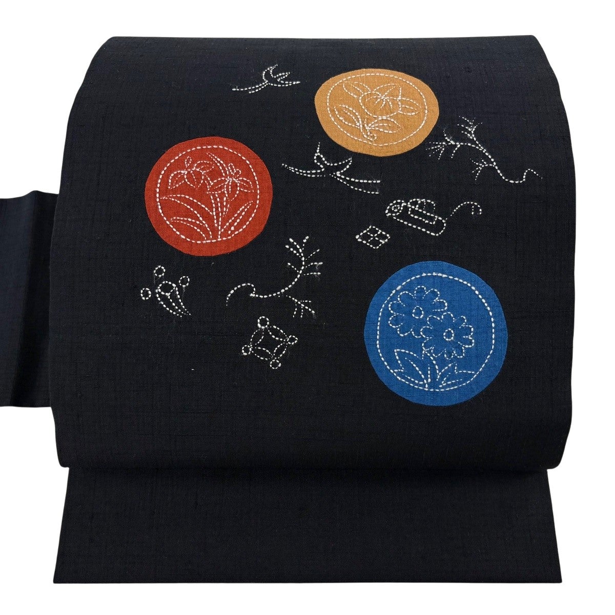美品】 名古屋帯 秀品 紬地 丸文 宝尽くし 刺繍 黒 正絹｜中古・古着