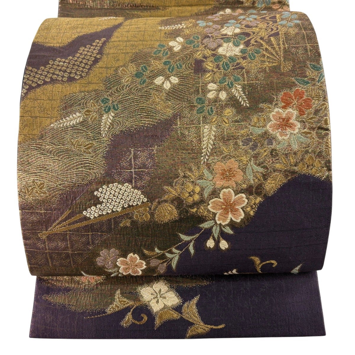 袋帯 美品 名品 葉柄 唐草 金銀彩 銀糸 灰紫 お太鼓柄 正絹 【中古】 袋帯
