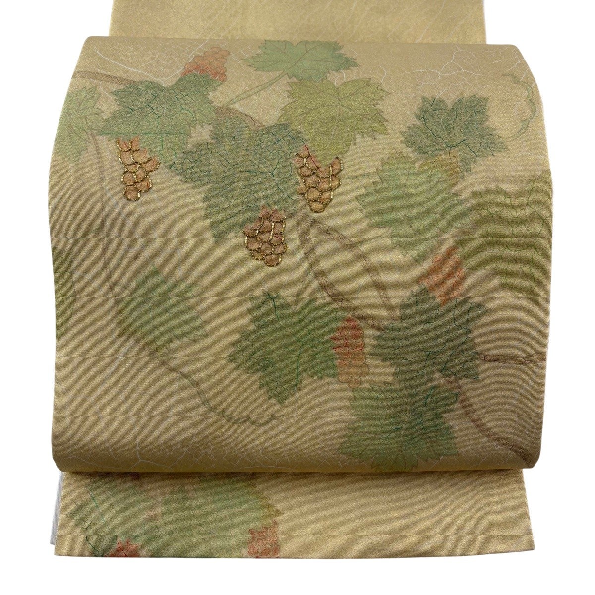 美品】 開き名古屋帯 秀品 葡萄 金糸 金彩 灰緑 正絹｜中古・古着
