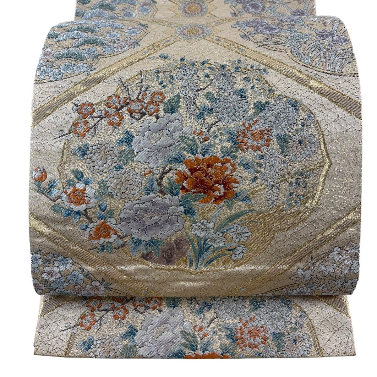 袋帯 秀品 牡丹唐草 金銀糸 箔 灰色 六通 正絹｜中古・古着 