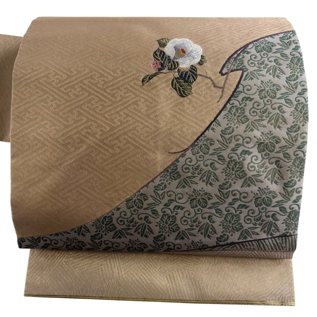 美品】 名古屋帯 秀品 関西仕立て 椿 紗綾形 箔 金糸 薄茶色 正絹