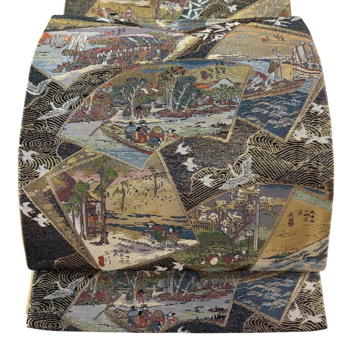 美品】 袋帯 秀品 扇面 風景 金糸 箔 青紫 全通 正絹｜中古・古着