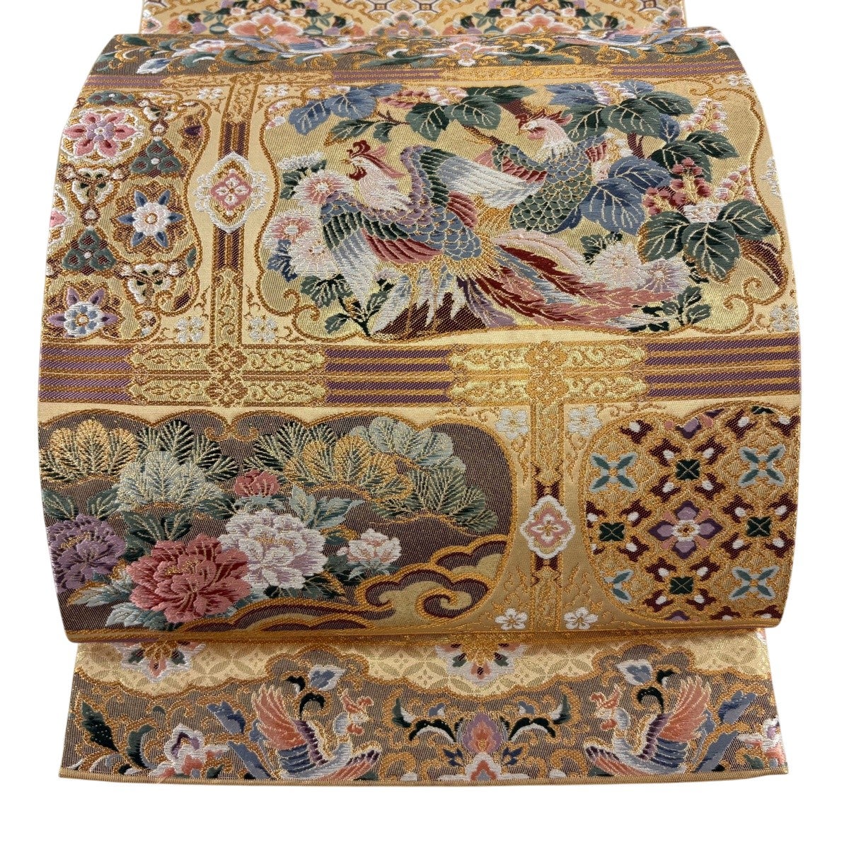 美品】 袋帯 秀品 花鳥 華文 金糸 金色 六通 正絹｜中古・古着