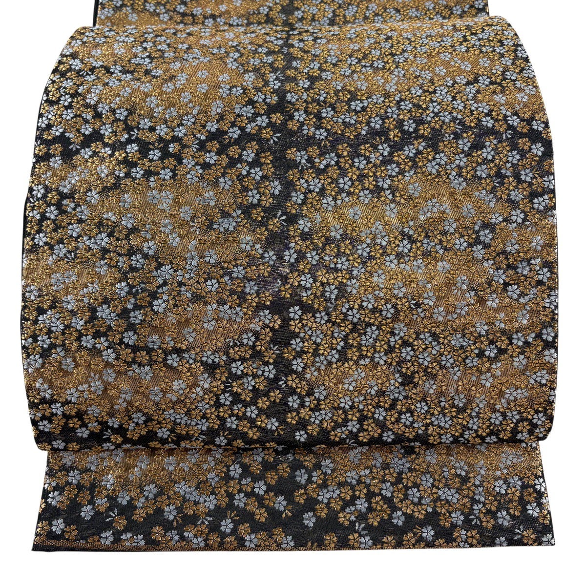 美品】 袋帯 秀品 関西仕立て 小花 霞 金糸 箔 黒 六通 正絹｜中古