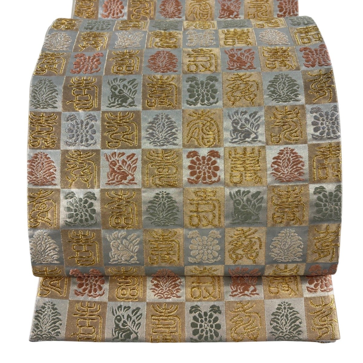 美品】 袋帯 秀品 花うさぎ 文字文 金糸 箔 金色 六通 正絹｜中古