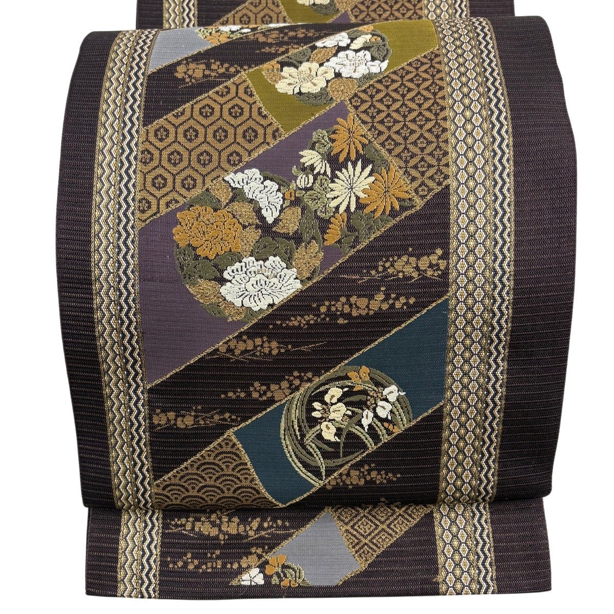 美品】 袋帯 名品 源氏香 七宝 金糸 箔 茶紫 六通 正絹｜中古・古着