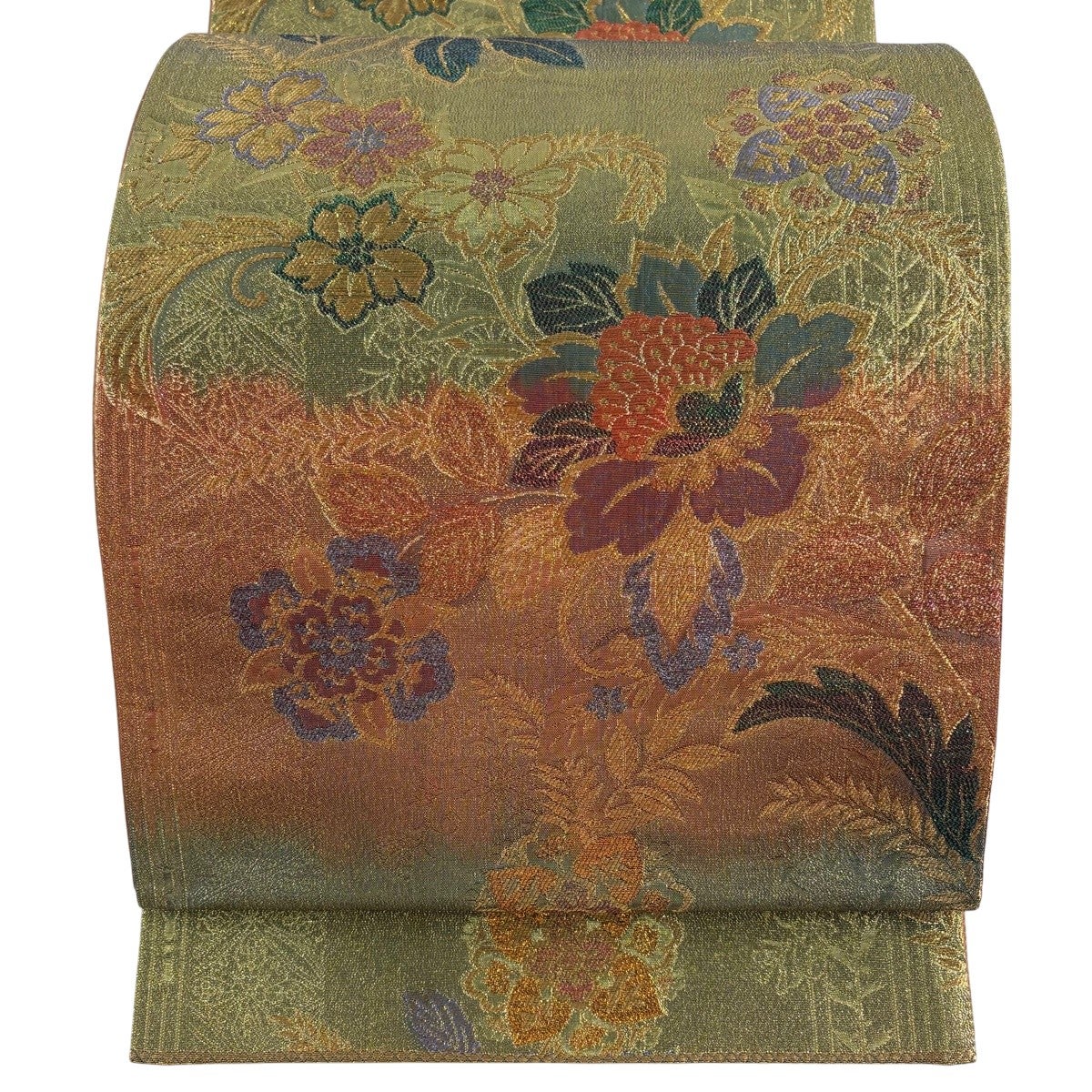 専用です 絹製　袋帯　六通柄　銀糸　草花松朝橋文　平安神宮　超美品保管品 美品】 袋帯 秀品 草花 金銀糸 箔 鶯色 六通 正絹｜中古・古着