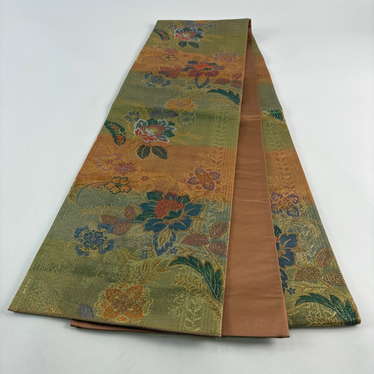 専用です 絹製　袋帯　六通柄　銀糸　草花松朝橋文　平安神宮　超美品保管品 美品】 袋帯 秀品 草花 金銀糸 箔 鶯色 六通 正絹｜中古・古着