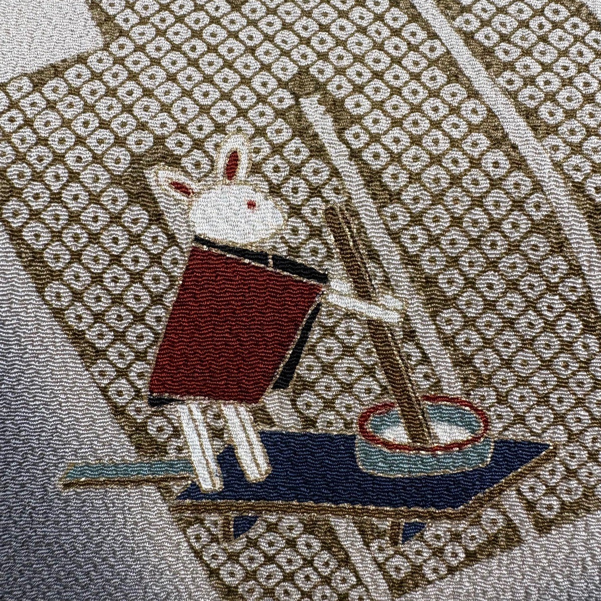名古屋帯 秀品 源氏香 うさぎ 金彩 縮緬 灰色 正絹｜中古・古着
