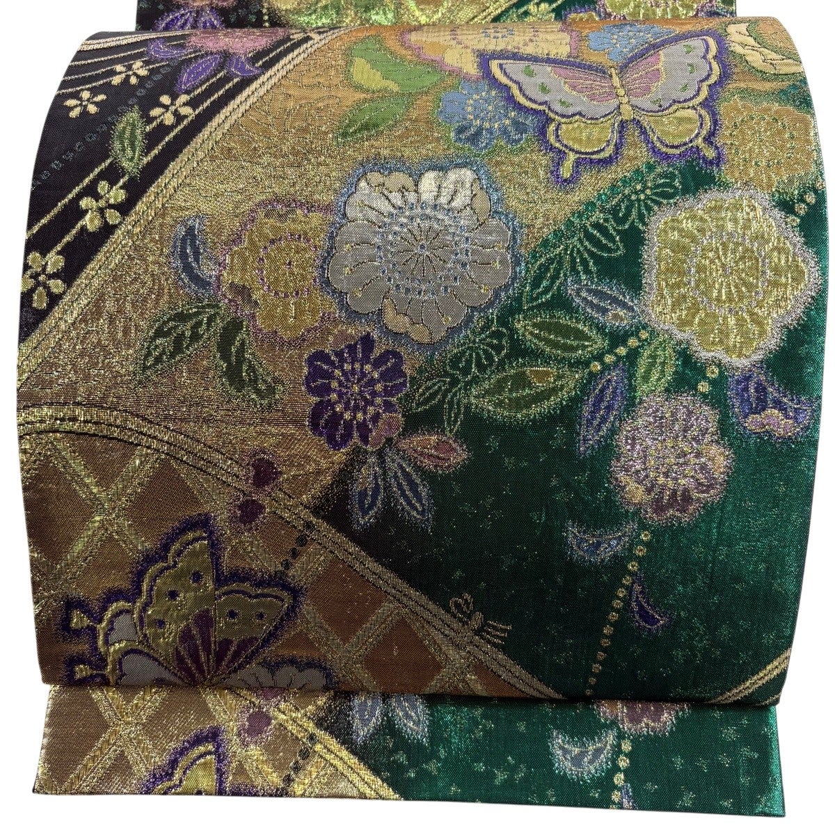 美品】 袋帯 秀品 桜 霞 箔 唐織 緑 六通 正絹｜中古・古着