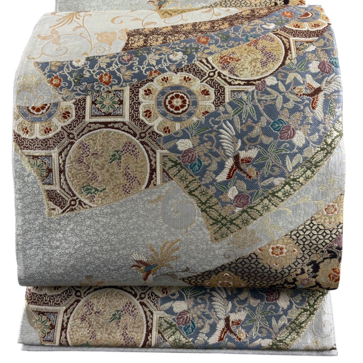 美品 袋帯 シルバー 鳳凰 唐草花 箔糸 長さ4m41cm 六通柄 仕立て上がり 美品】 袋帯 秀品 桐竹鳳凰 花唐草 金糸 箔 銀色 六通 正絹｜中古