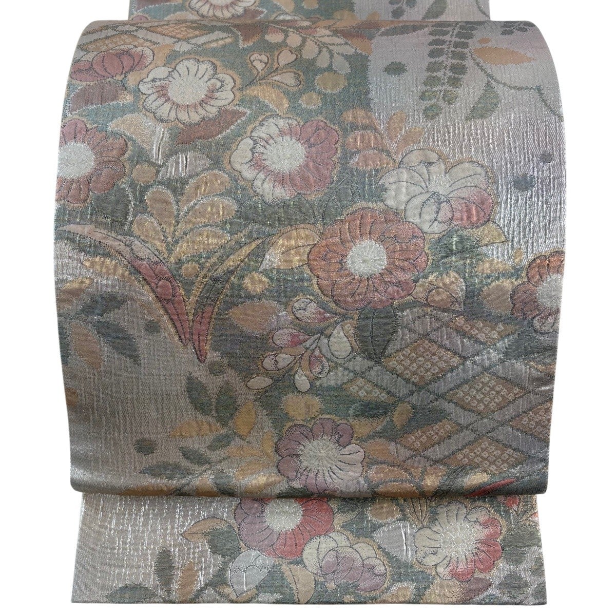 美品】 袋帯 秀品 辻が花柄 箔 灰緑 六通 正絹｜中古・古着