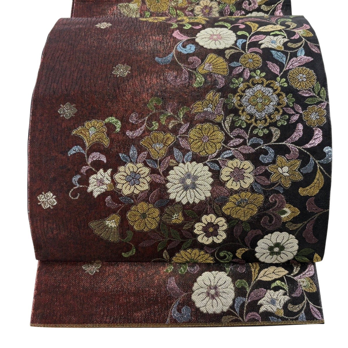 袋帯 秀品 華文 花唐草 金糸 箔 赤黒 六通 正絹｜中古・古着