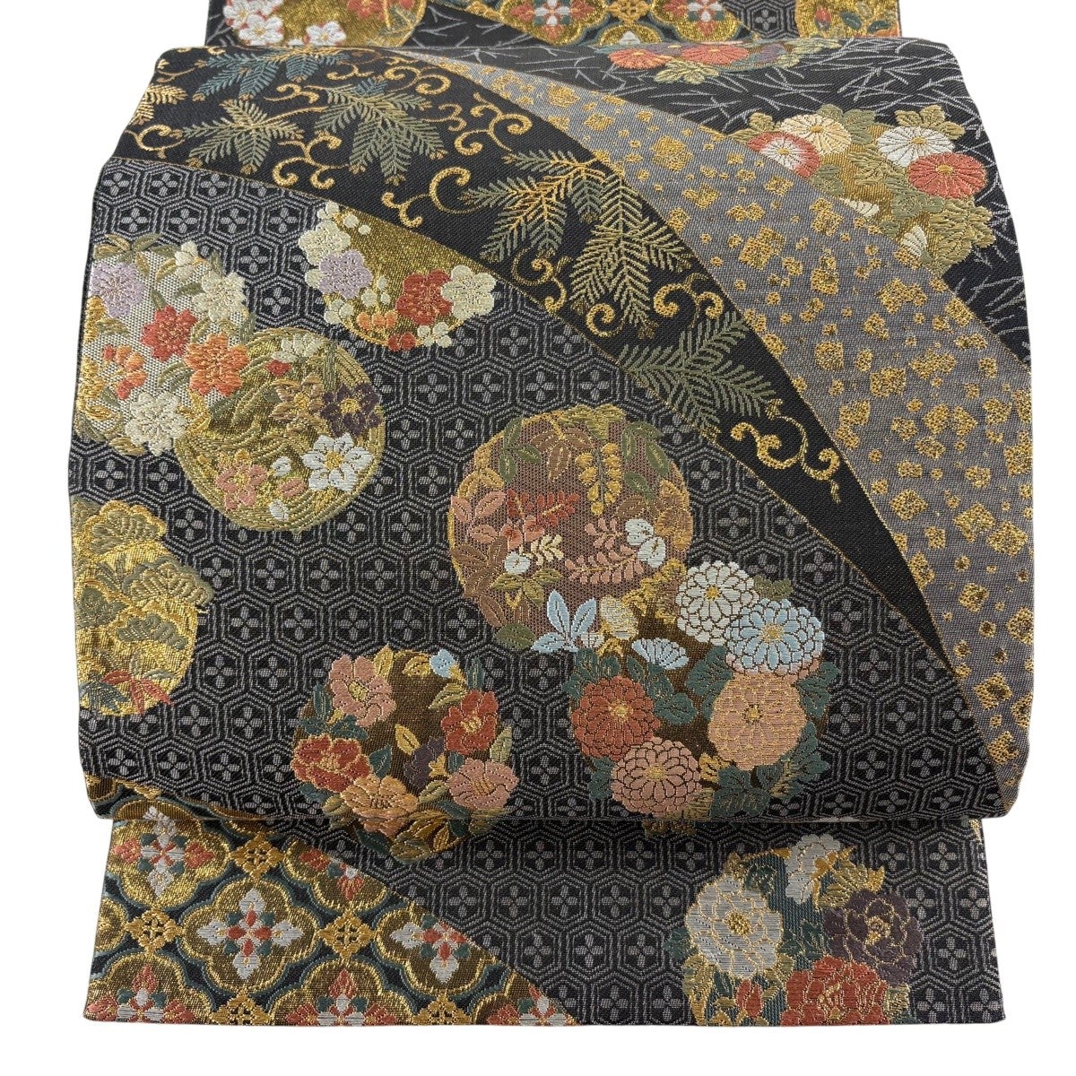 美品】 袋帯 秀品 花丸文 華文 金糸 箔 黒灰 六通 正絹｜中古・古着