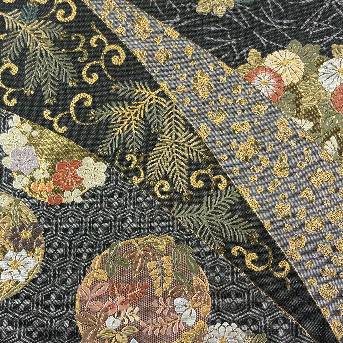 美品】 袋帯 秀品 花丸文 華文 金糸 箔 黒灰 六通 正絹｜中古・古着