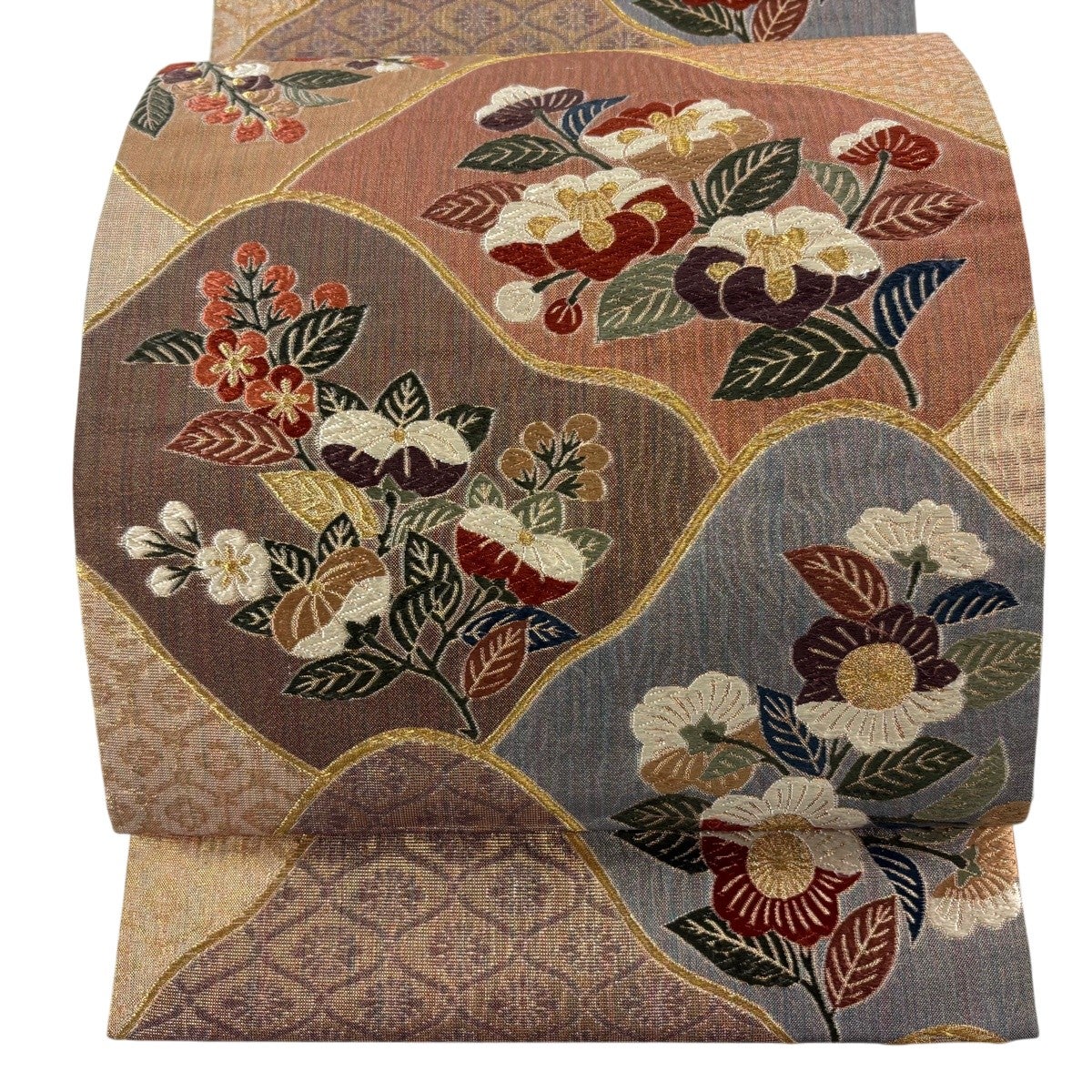 【中古】 舞（3） 袋帯 秀品 椿 菊 金糸 箔 金色 六通 正絹 中古 袋帯 秀品 桜