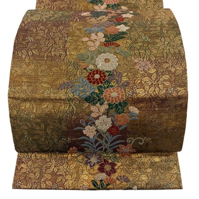 袋帯 秀品 秋草 葉と実 箔 山吹茶色 六通 正絹｜中古・古着 