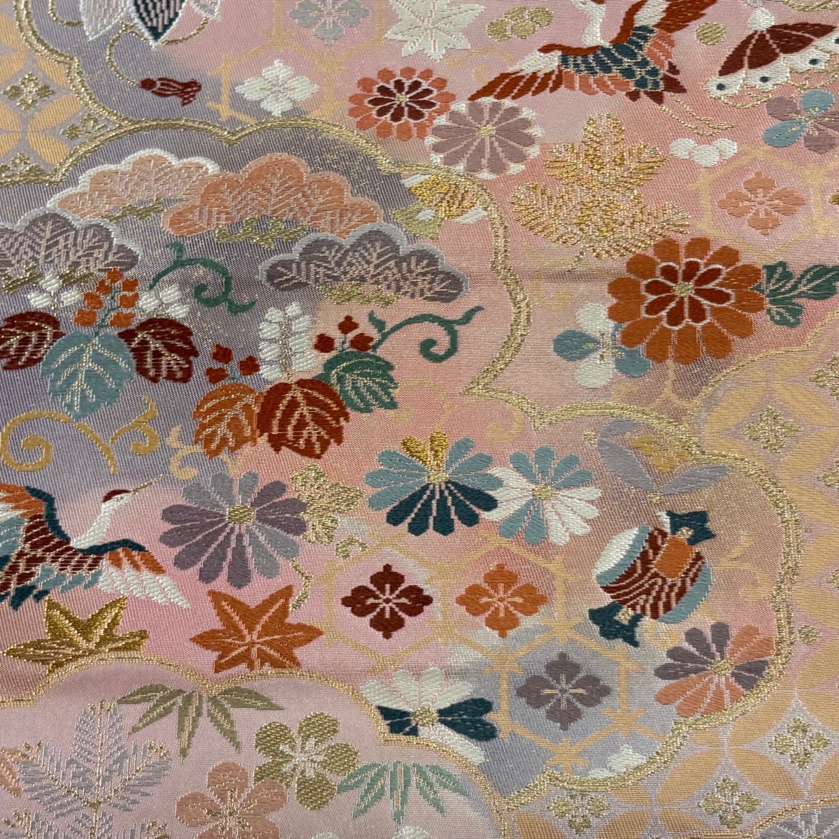 袋帯 秀品 花鳥 松竹梅 金糸 箔 薄ピンク 六通 正絹｜中古・古着