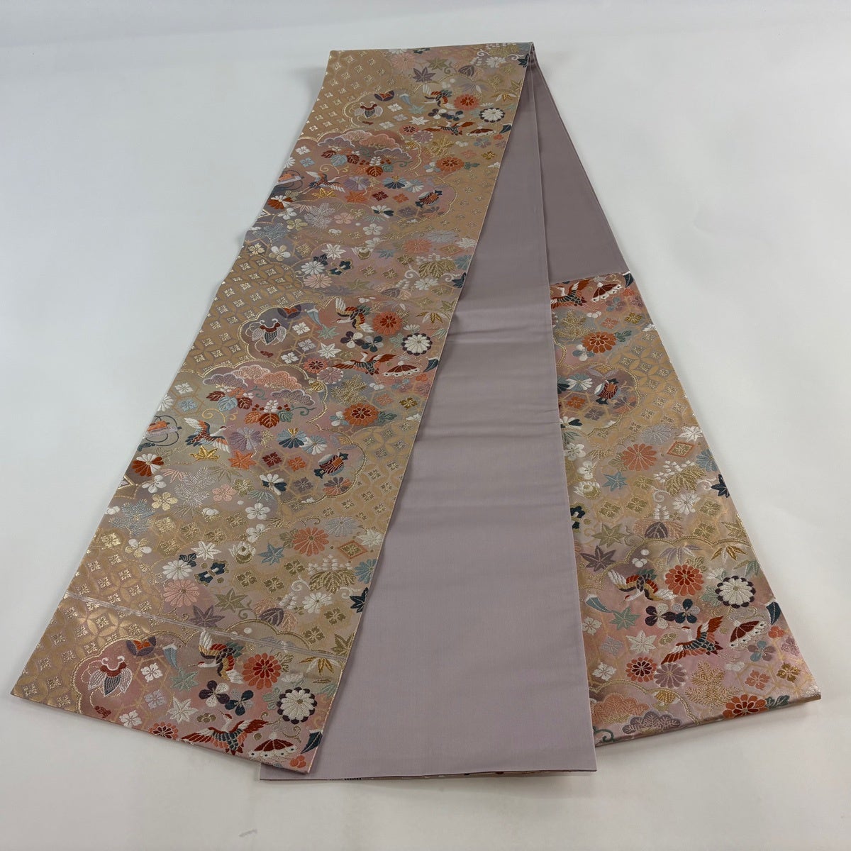 袋帯 秀品 花鳥 松竹梅 金糸 箔 薄ピンク 六通 正絹｜中古・古着