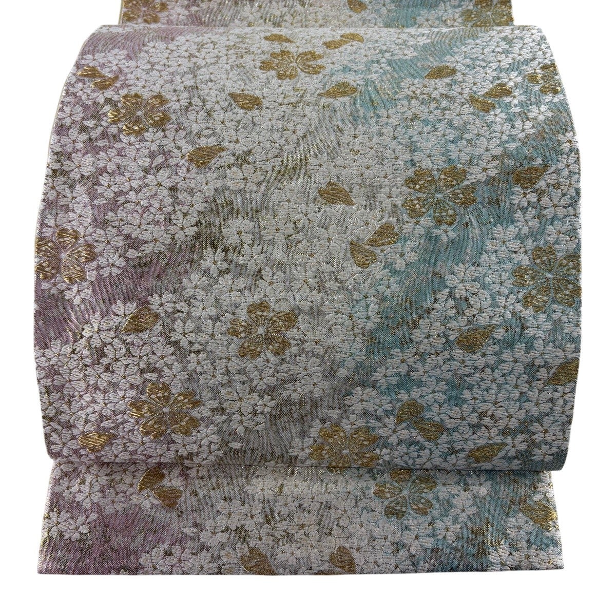 美品】 袋帯 秀品 桜 金糸 箔 灰緑 六通 正絹｜中古・古着・リサイクル