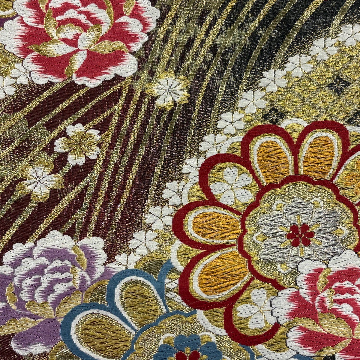 袋帯 秀品 華文 牡丹 金銀糸 箔 えんじ色 六通 正絹｜中古・古着