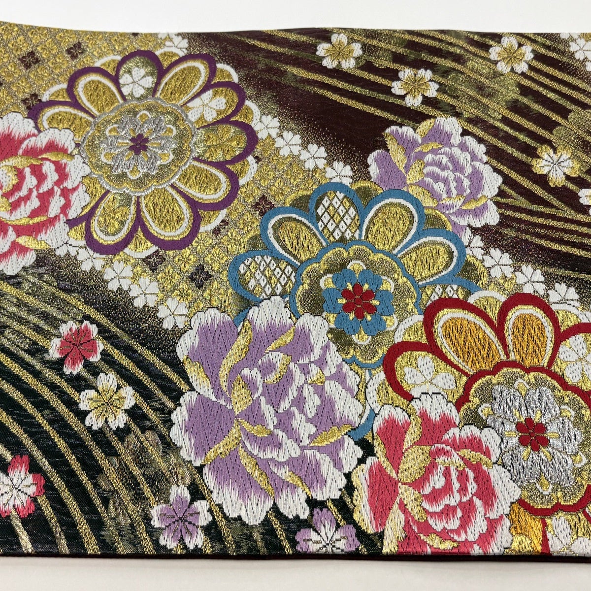 袋帯 秀品 華文 牡丹 金銀糸 箔 えんじ色 六通 正絹｜中古・古着