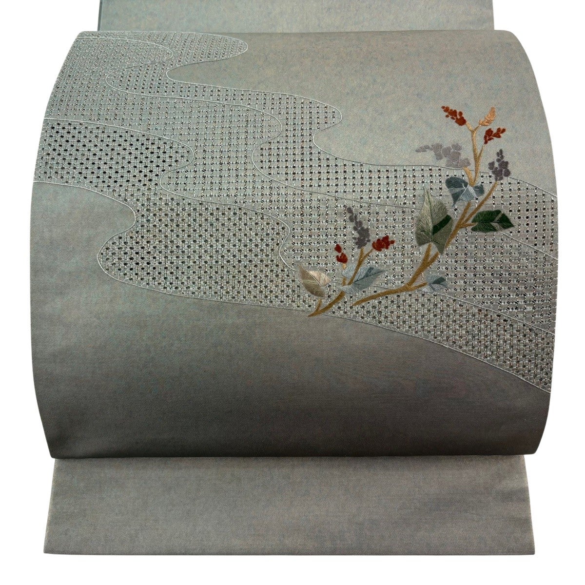 美品】 袋帯 秀品 枝花 流水 刺繍 箔 灰緑 お太鼓柄 正絹｜中古・古着