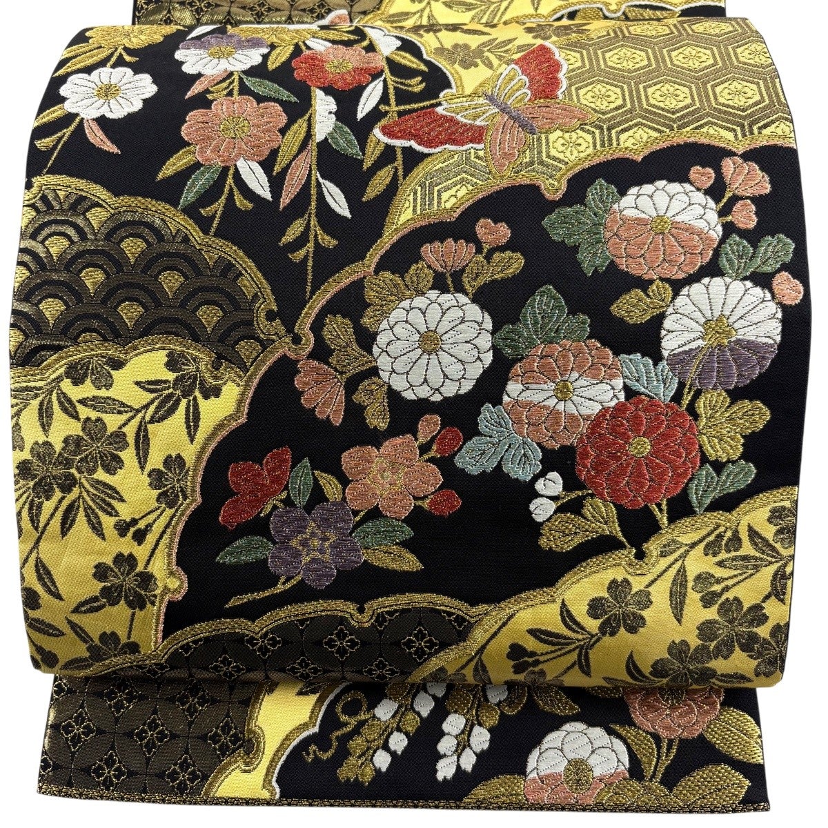 美品】 袋帯 秀品 雪輪 草花 唐織 金糸 黒 六通 正絹｜中古・古着