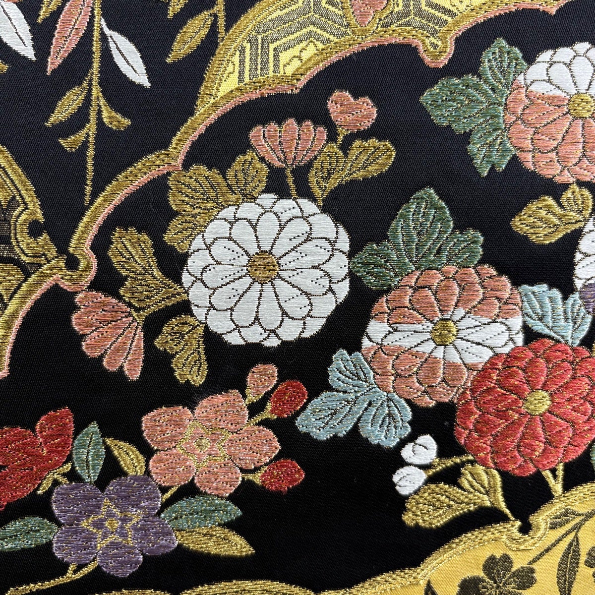 M466 唐織　立波雪輪花文　六通　正絹　袋帯 美品】 袋帯 秀品 雪輪 草花 唐織 金糸 黒 六通 正絹｜中古・古着