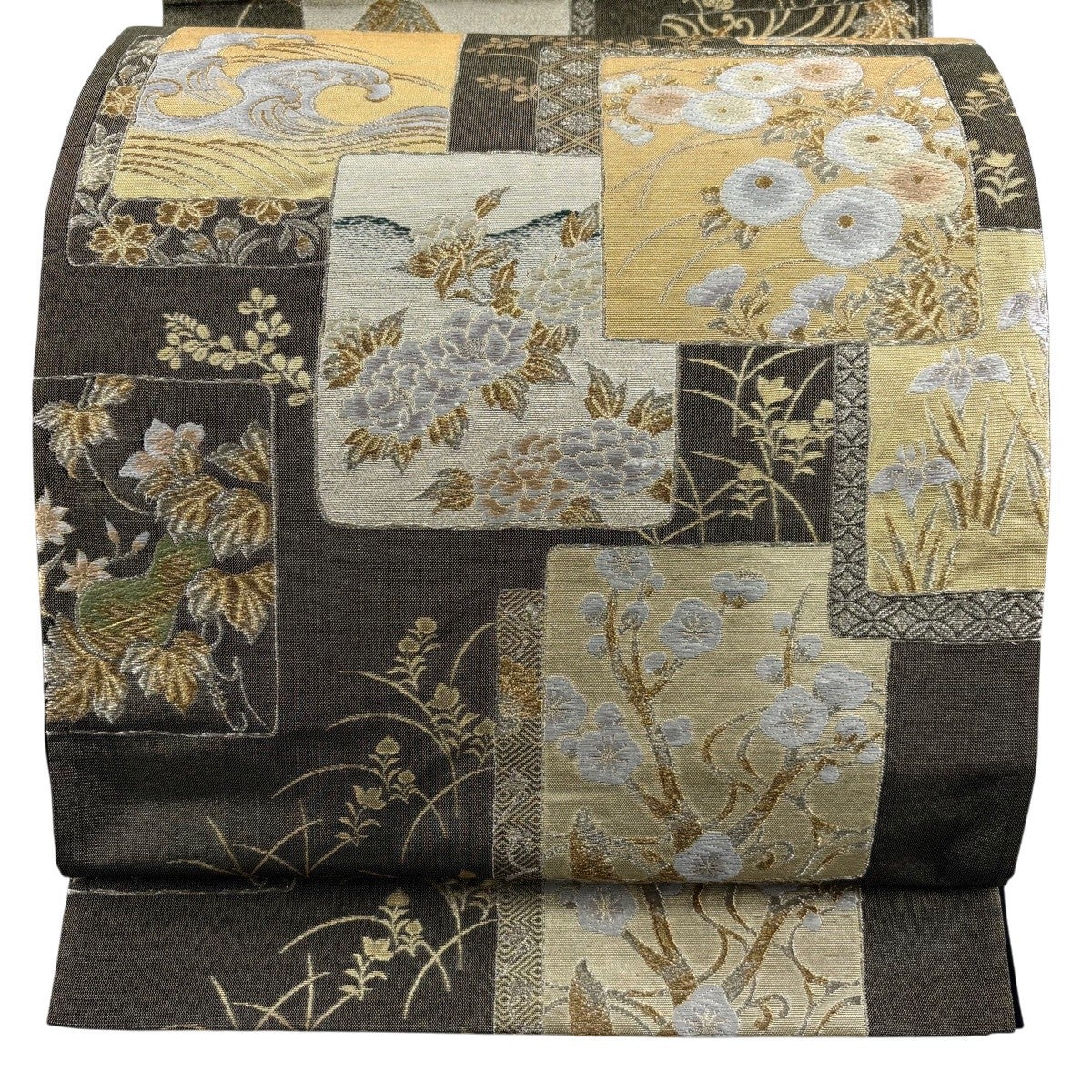 新品正絹夏用袋帯　地紙草花文　金糸　⑩(訪問着、黒留袖、色留袖、色無地、小紋) 袋帯 秀品 色紙 草花 金糸 唐織 灰茶 六通 正絹｜中古・古着
